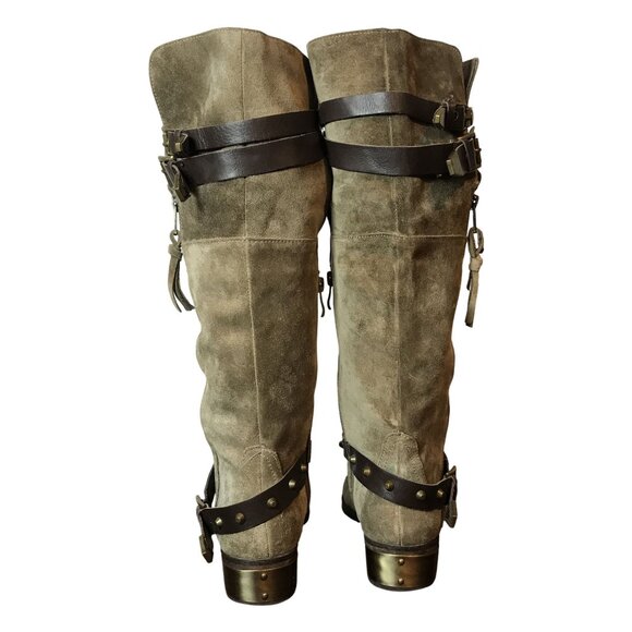 VERY VOLITILE Tan Suede Knee High Boots Womens 7 Side Zip Straps - Picture 9 of 14